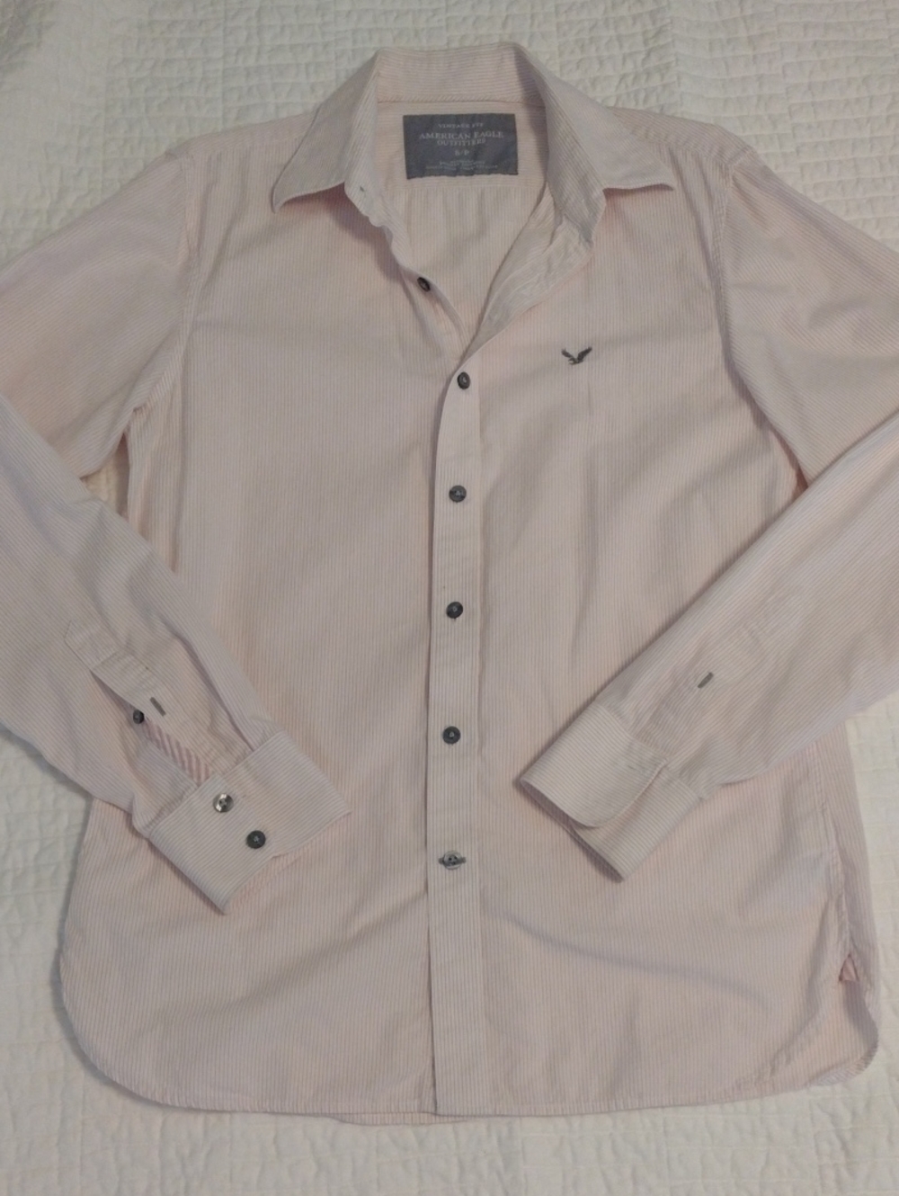 American Eagle Men's S Bottom Down Shirt Light Pink Stripe W/ Grey Accents Logo